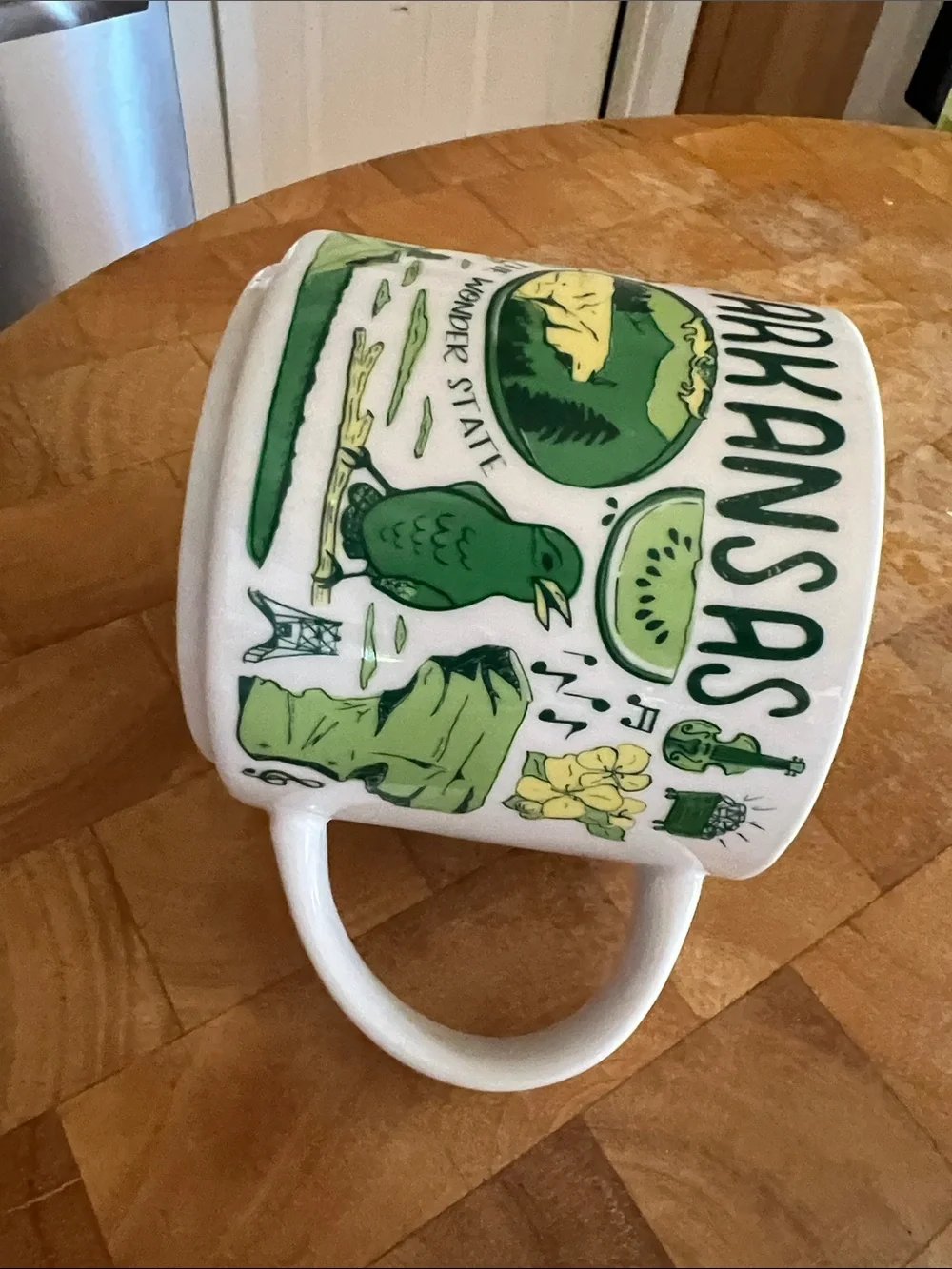 Starbucks White Arkansas Ceramic Mug with Green and Yellow Graphics
